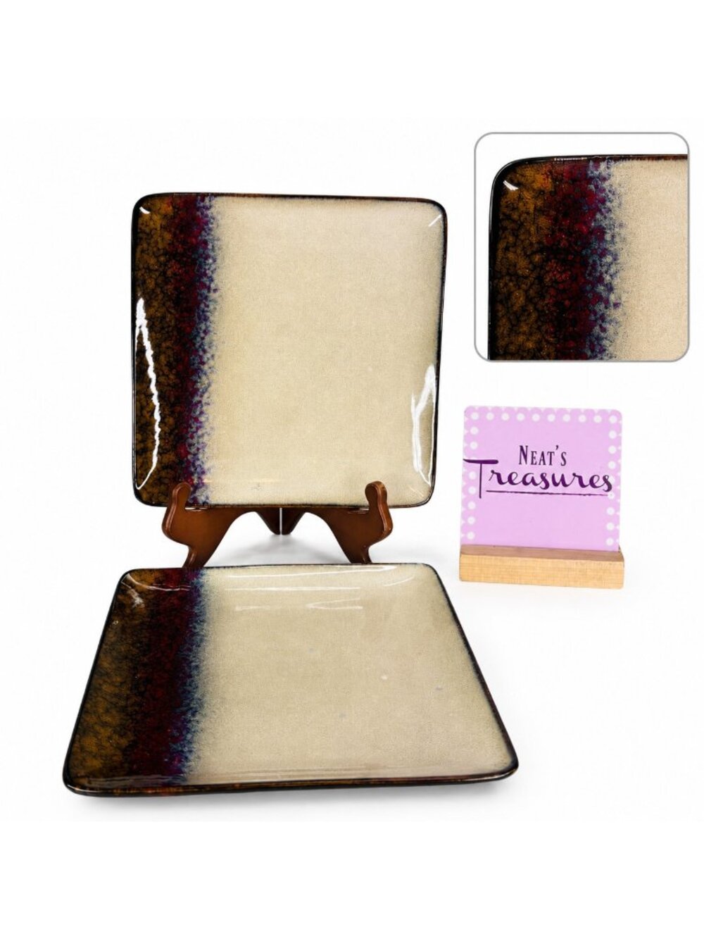 Broyhill Red Gold Cream Stripe Square Stoneware Lunch Salad 8 7/8" Plates Set 2